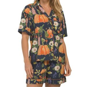 THEIR NIBS Fall Thanksgiving Pumpkin Patch Dreams Pajama Short Set Navy M NWT